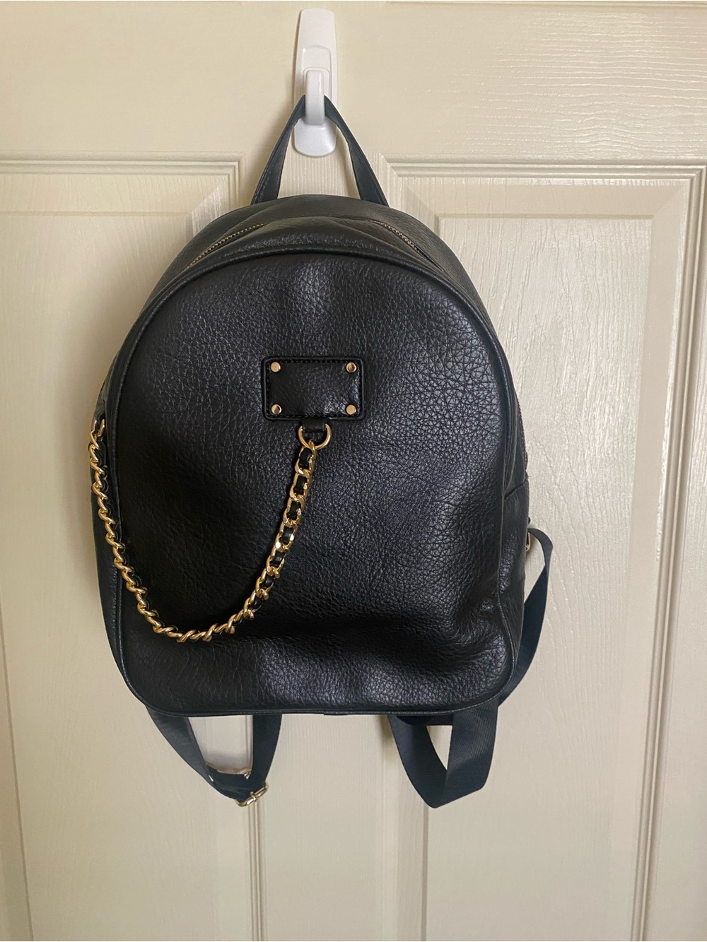 Black Pebbled Leather Backpack with Gold Chain Detail